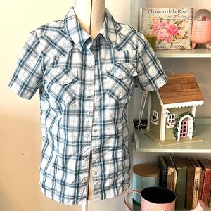 Women's Plaid Short Sleeve Blouse - Blue and White
